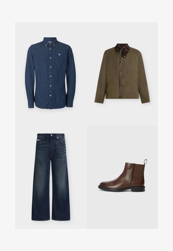 Veste vert olive avec col en velours côtelé marron, fermeture à boutons-pression et poches latérales, présentée sur un fond blanc uni.; Chemise en denim bleu foncé à manches longues avec fermeture à boutons, col boutonné et logo Barbour blanc sur la poitrine gauche.; Jean en denim bleu foncé à jambes larges avec poches avant, passants de ceinture, fermeture par boutons et légère décoloration sur les cuisses et les genoux.; Bottine en cuir marron avec des panneaux latéraux élastiques, bout rond et un petit talon noir. Elle possède une languette pour un enfilage facilité.
