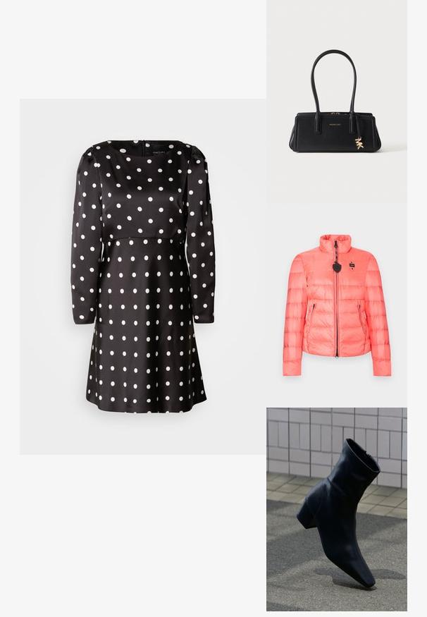 Veste matelassée rose corail avec col montant, fermeture éclair à l'avant, deux poches zippées et une petite étiquette de marque noire sur la poitrine.; Robe noire à pois avec des manches longues et un col arrondi. Fabriquée en tissu lisse, elle présente des motifs circulaires blancs partout.; Botte noire en cuir avec talon bloc, posée sur une surface en asphalte texturée près d'un mur carrelé.; Sac à main rectangulaire en cuir noir avec double poignée, logo Michael Kors doré et breloque MK suspendue sur un fond clair uni.