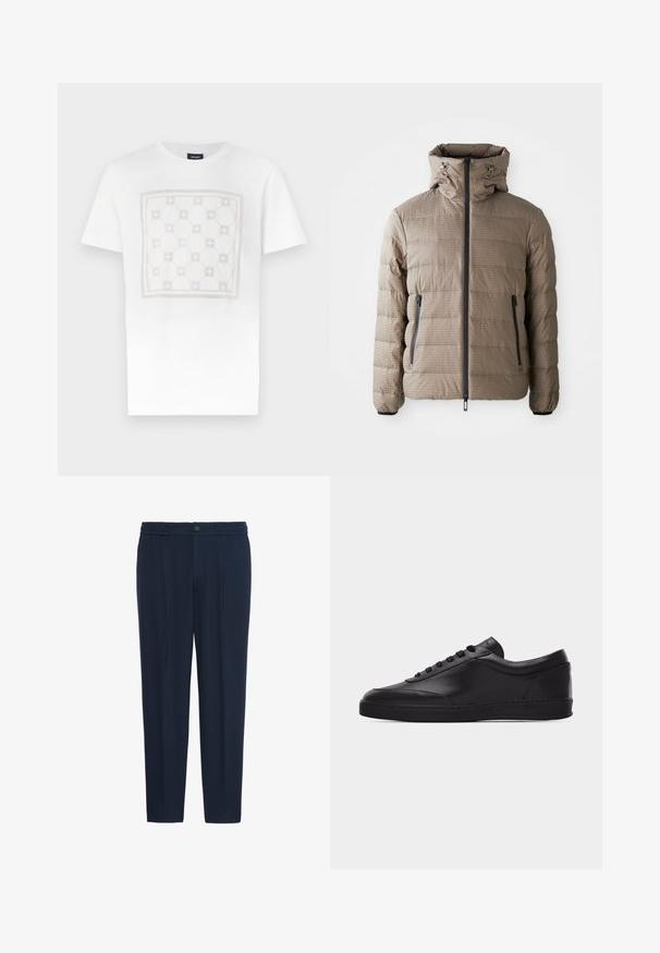 Puffjacke in Taupe mit Kapuze, aus strukturiertem Stoff, horizontalem Steppmuster, Frontreißverschluss und Seitentaschen.; Weißes Baumwoll-T-Shirt mit einem großen, dezenten Quadratmuster in hellem Beige mit abgerundeten Formen und Akzenten, versehen mit einem Rundhalsausschnitt.; Marineblaue, maßgeschneiderte Hose mit elastischem Bund, vorderem Knopf, Reißverschluss und plissiertem Vorderteil, auf weißem Hintergrund präsentiert.; Schwarzer flacher Leder-Sneaker mit Schnürung vorne und flacher Gummisohle, seitlich auf einem schlichten weißen Hintergrund gezeigt.
