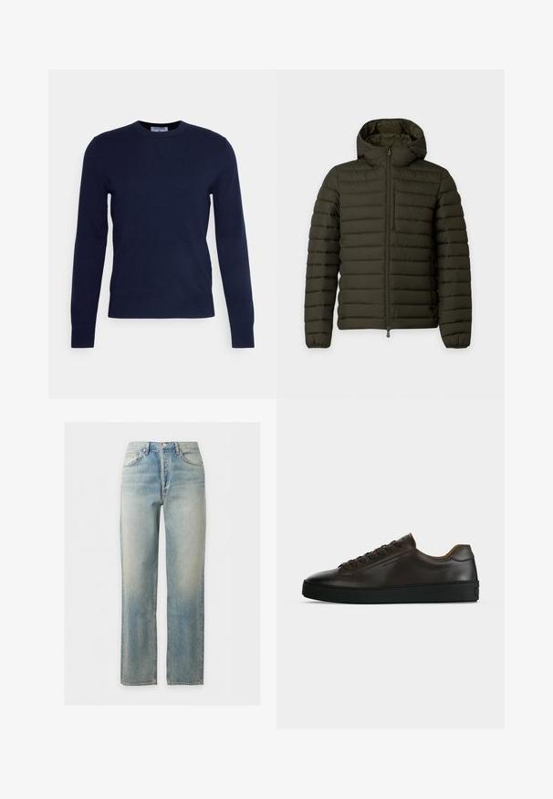 Veste matelassée vert foncé avec coutures horizontales, fermeture éclair avant, capuche et manches longues sur fond blanc uni.; Pull à col rond bleu marine en tissu doux, avec des manches longues et un ourlet côtelé. Pas de motifs ni d'ornements visibles.; Jean en denim délavé bleu clair avec coupe droite, fermeture à boutons et zip sur le devant, et design cinq poches.; Baskets basses en cuir marron foncé avec semelle en caoutchouc noire, lacets à l'avant et design minimaliste épuré sur fond clair.