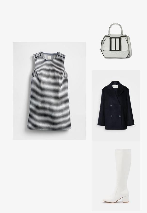 Marineblå uld dobbeltspændt frakke med spids revers, sidelommer og knappet front. Har en glat tekstur og skræddersyet pasform.; Ærmeløs navy og hvid gingham kjole med rund halsudskæring og knapdetaljer på begge skuldre, lagt fladt på en hvid baggrund.; Hvide knæhøje støvler med en glat, blank finish. Firkantet blokhæl og diskret syningsdetalje langs siden.; Lille sølv håndtaske med sort kant, topgreb, aftagelig skulderrem og prægte skiløberikoner på frontpanelet.