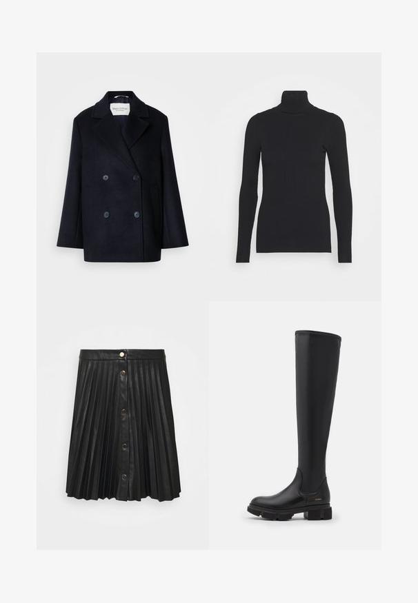 Marineblå uld dobbeltspændt frakke med spids revers, sidelommer og knappet front. Har en glat tekstur og skræddersyet pasform.; Sort ribbet rullekravesweater med lange ærmer og en tætsiddende silhuet. Teksturen er glat med et vandret ribmønster.; VILA VIAMINA SHORT BUTTON COATED SKIRT - Pliceret nederdel /Nederdele med folder - black; Sorte knæhøje støvler lavet af glat læder, med en kraftig sål, minimalistisk design og diskret branding i metallic guld.