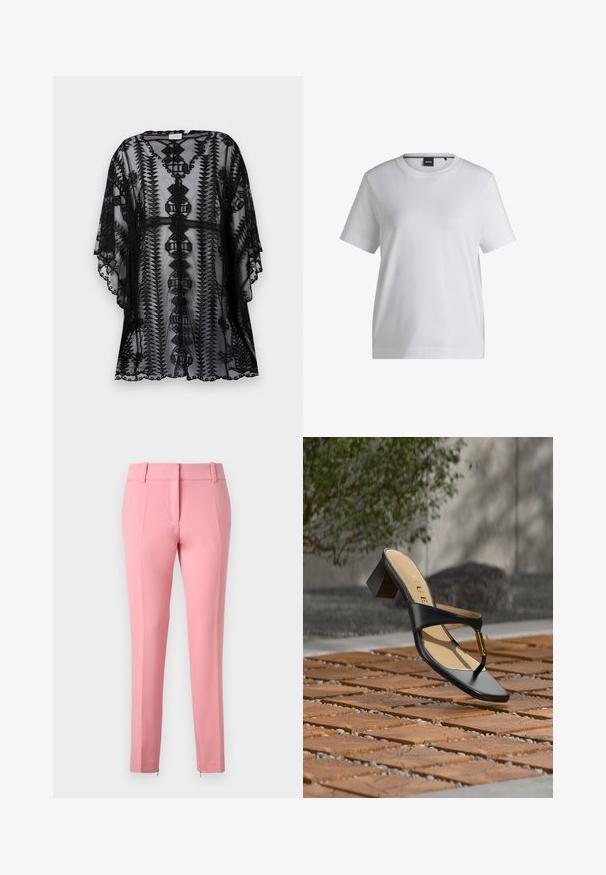 Sort blondel lace kimono med detaljeret broderi, der har en afslappet pasform, korte ærmer og bølgede kanter, som viser geometriske mønstre.; Hvid bomulds t-shirt med rund halsudskæring, korte ærmer og en afslappet pasform. Har et lille mærke nær kraven.; Rosa skræddersyede bukser med en glat tekstur, lige ben og en lynlåsdetalje ved kanten. Den har bæltestropper og et fladt frontdesign.; Sort hælsandal med tå-loop og gyldent accent, placeret på en træ- og stenbelagt overflade udendørs nær grønne områder.