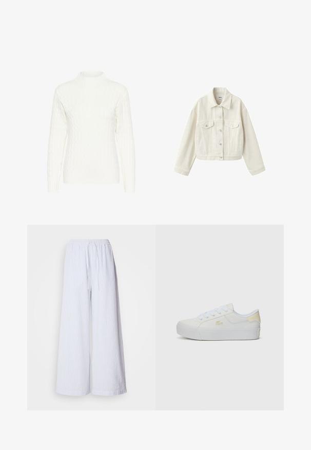 Off-white cropped denimjakke med knapper foran, to brystlommer med klap, sidelommer og krave.; Hvid kabelstrikket sweater med høj hals, lange ærmer og struktureret mønster. Stoffet ser blødt og let strækbart ud.; Hvide bukser med vide ben og lyseblå striber, udstyret med en elastisk talje med snor og et tekstureret stof.; Hvide canvas sneakers med en struktureret overflade, rund tå og flade snørebånd. Har en subtil gul detalje og et logo på siden.