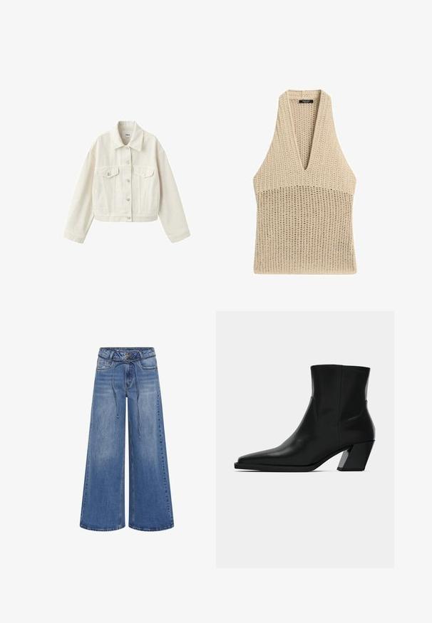 Off-white cropped Jeansjacke mit Knopfleiste, zwei Brustklapptaschen, Seitentaschen und Kragen.; Beiges gestricktes ärmelloses Top mit tiefem V-Ausschnitt und strukturiertem Stichmuster, hergestellt von Massimo Dutti.; My Essential Wardrobe MWKARO 144 MID XWIDE - Wide Leg - medium blue wash; Schwarze Leder-Stiefelette mit spitzem Zeh, schlanker Silhouette und klobigem quadratischem Absatz. Glatte Textur mit minimalen Nähdetails.