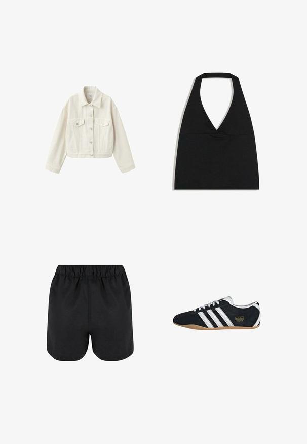 Veste courte en denim écru avec fermeture à boutons, deux poches poitrine à rabat, poches latérales et col.; Haut court noir à col licou avec un profond décolleté en V et une large bretelle autour du cou sur fond blanc.; Shorts noirs avec une taille élastique. Tissu doux, design simple et ourlet légèrement arrondi en bas. Pas de motifs ou de logos visibles.; Sneakers en suede noir avec trois bandes blanches, logo doré et semelle en caoutchouc marron. Présente un design à lacets à profil bas.