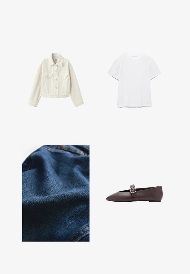Off-white cropped spijkerjack met knopen aan de voorkant, twee borstzakken met klep, zijzakken en kraag.; Effen wit T-shirt met korte mouwen en ronde hals, met een rechte zoom, gepresenteerd tegen een witte achtergrond.; Denimstof in donkerblauw, met een gladde textuur en subtiele geweven variaties, en contrasterende stikseldetails.; Bruine platte schoen met puntige neus, een zilveren gespsluiting over de wreef, gladde leren textuur en een lage hak.