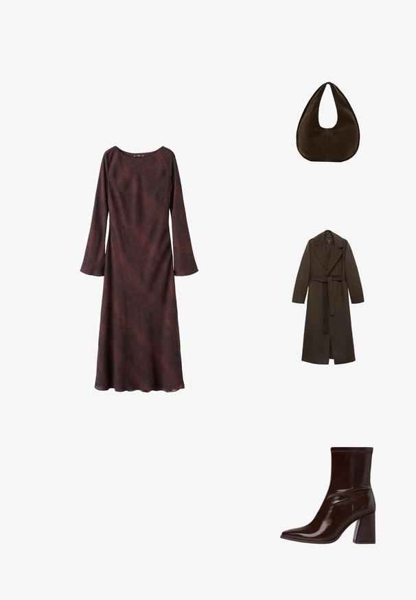 Manteau en laine marron avec un grand col cranté, des manches longues et une taille ceinturée. Présente des lignes épurées et un design à ouverture frontale.; Robe à manches longues en bordeaux foncé avec un motif abstrait subtil. Tissu doux et léger avec une coupe décontractée et un décolleté arrondi.; Bottine en cuir verni marron avec un bout pointu, une cheville élastique et un talon bloc épais. Design élégant avec une texture lisse.; Sac à main en daim marron foncé en forme de croissant avec une seule sangle large et une texture lisse sur fond blanc.