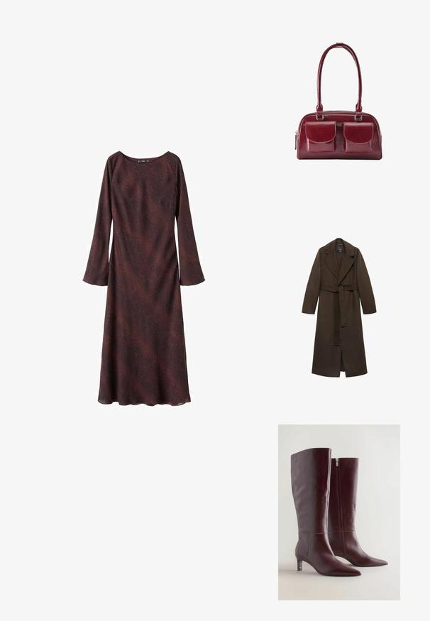 Manteau en laine marron avec un grand col cranté, des manches longues et une taille ceinturée. Présente des lignes épurées et un design à ouverture frontale.; Robe à manches longues en bordeaux foncé avec un motif abstrait subtil. Tissu doux et léger avec une coupe décontractée et un décolleté arrondi.; Bottes en cuir bordeaux montantes avec un bout effilé, des coutures décoratives et une fermeture éclair sur le côté. Elles présentent un talon bas et fin.; Sac à main en cuir rouge foncé avec deux poches avant à rabat et longues bandoulières, présenté sur fond blanc.