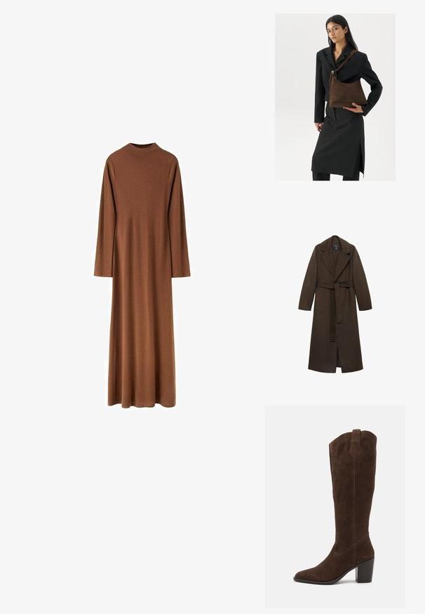 Brauner Wollmantel mit großemreverskragen, langen Ärmeln und Taillengürtel. Verfügt über klare Linien und einen offenen Front-Design.; Braunes Kleid mit langen Ärmeln, hohem Kragen und knöchellang, aus glattem Stoff mit geradem, lockerem Schnitt.; Anna Field by Zalando LEATHER - High Heel Stiefel - brown; Frau trägt ein schwarzes Blazer und einen Rock, hält eine große dunkelbraune Wildleder-Umhängetasche vor einem weißen Hintergrund.