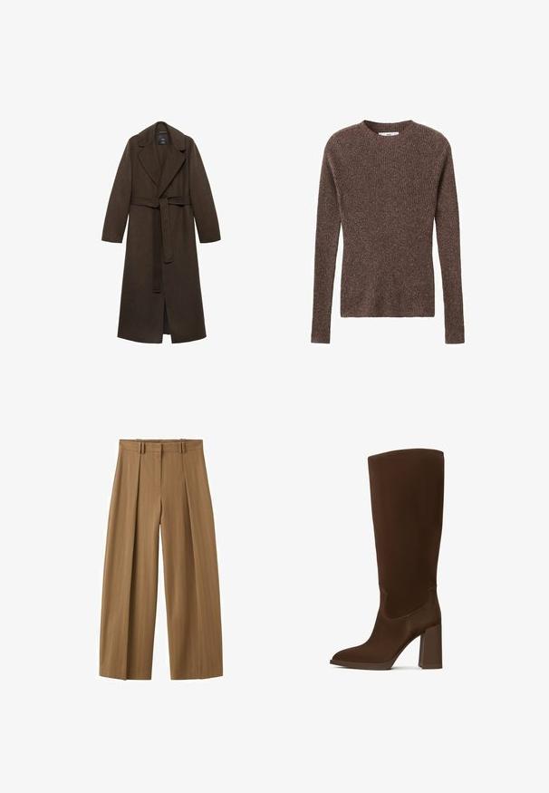 Manteau en laine marron avec un grand col cranté, des manches longues et une taille ceinturée. Présente des lignes épurées et un design à ouverture frontale.; Pull en maille côtelée marron avec un col rond et des manches longues, présentant un tissu texturé et une silhouette ajustée.; Pantalon marron taille haute à jambes larges avec fines rayures, plis sur le devant, passants pour ceinture et fermeture éclair dissimulée sur le devant.; Botte marron jusqu'au genou en matériau lisse, avec un bout pointu et un talon carré. Les détails de couture rehaussent le design épuré.