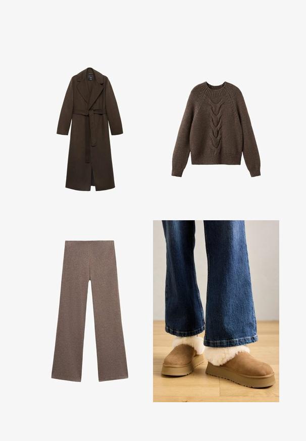 Manteau en laine marron avec un grand col cranté, des manches longues et une taille ceinturée. Présente des lignes épurées et un design à ouverture frontale.; Pull en tricot marron avec un col rond, des manches longues et un motif en torsades sur le devant. Ourlets et poignets côtelés.; Pantalons larges marron en tissu doux et texturé. Le design présente une taille haute et une coupe ample, idéale pour un look décontracté.; Chaussons en daim marron avec un épais revers en fourrure légère, montés sur une semelle plateforme beige, associés à un jean en denim à coupe large.