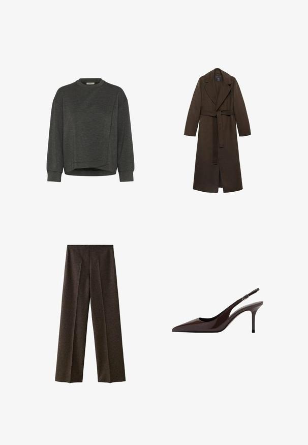 Manteau en laine marron avec un grand col cranté, des manches longues et une taille ceinturée. Présente des lignes épurées et un design à ouverture frontale.; Sweatshirt gris foncé avec un col rond, des manches longues, un design asymétrique et une texture douce. Présente une coupe décontractée et des détails de couture minimalistes.; Pantalons larges en mélange de laine brun foncé, avec une taille haute, des plis à l'avant et une texture lisse, conçus pour un ajustement décontracté.; Talons slingbacks en cuir verni marron avec un bout pointu, un talon fin et une bride réglable. Texture lisse et finition brillante.