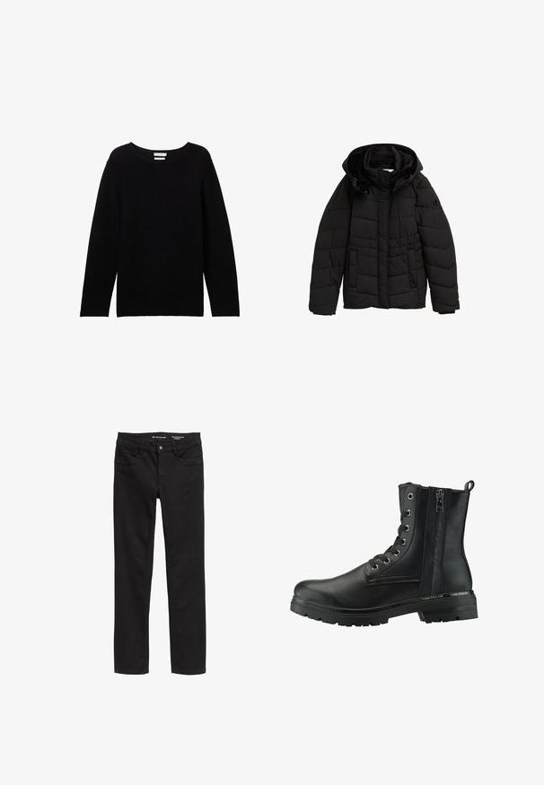 Veste rembourrée noire avec capuche, présentant un motif matelassé horizontal, fermeture éclair et deux poches avant. Doublure intérieure douce.; Pull noir à manches longues en tissu côtelé, avec un col rond et des épaules tombantes, offrant une coupe décontractée et sans accents visibles.; Jean noir à jambes droites en denim, doté de cinq poches, d'une fermeture à bouton et d'une texture subtile. Logo de la marque à l'intérieur de la taille.; Bottines noires à lacets avec un dessus synthétique texturé, dotées d'une fermeture éclair latérale, d'œillets en métal et d'une semelle en caoutchouc épaisse.