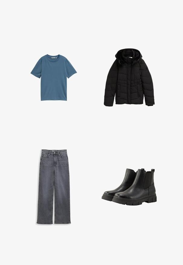 Zwarte gewatteerde jas met een capuchon, voorzien van een horizontaal gestikt patroon, ritssluiting en twee zakken aan de voorkant. Zachte binnenvoering.; Korte mouwen t-shirt in een effen blauwe kleur, ronde halslijn, zachte stof, ontspannen pasvorm, zonder patronen of hardware details.; Wijde jeans van donkergrijze denim. Voorzien van een normale taille, vijf zakken en een subtiele vervaging van de stof. Klassieke stiknaden.; TOM TAILOR Enkelkaarsjes - black
