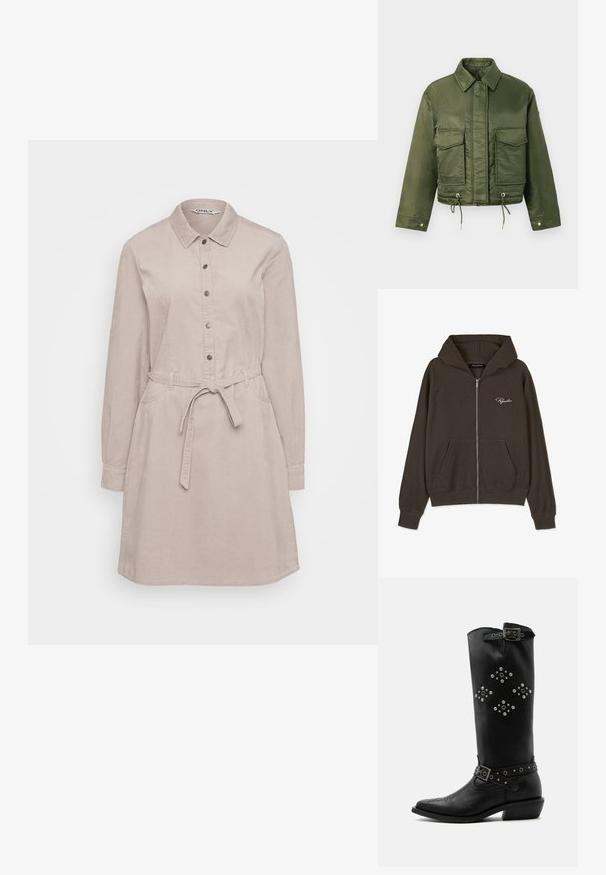 Veste cropped vert olive en tissu lisse et brillant. Dispose de deux poches poitrine, d'une taille ajustable à cordon et d'un col classique.; Haut à capuche zippé vert olive foncé en tissu côtelé, avec une grande capuche, des poches latérales et un petit logo blanc "Pegador" sur la poitrine.; Robe chemise en velours côtelé beige avec manches longues, fermeture à boutons, col, poches latérales et une ceinture à nouer à la taille pour un ajustement réglable.; Botte en cuir noir mi-mollet avec des clous argentés en motifs losanges, sangles à boucles près du haut et de la cheville, et un talon bas incliné.