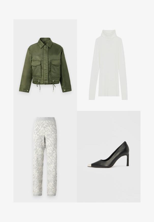 Olivenfarvet cropped jakke lavet af glat, blankt stof. Har to brystlommer, snørrelukning i kanten og klassisk krave.; Hvid ribbet turtle neck striktrøje med lange ærmer, blød tekstur og høj rullekrave, der har en tætsiddende design uden synlige lukninger.; Strukturerede loungbukser i elfenben med grå mønstre, der har et blødt stof, elastisk talje og ribbede manchetter.; Sort læder højhælet sko med spids tå og metal-sølv hætte. Har en glat finish og en slank hæl på 10 cm.
