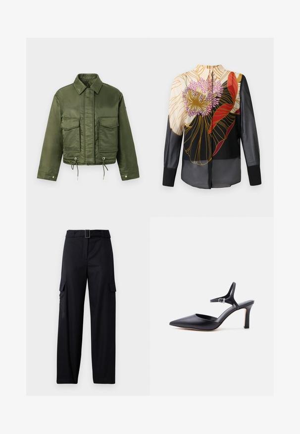 Olivenfarvet cropped jakke lavet af glat, blankt stof. Har to brystlommer, snørrelukning i kanten og klassisk krave.; Gennemsigtig sort bluse med lange ærmer, udsmykket med farverige blomsterformer i pink, rød og guld, samt et klassisk kravedesign.; Sorte cargo-bukser med lige ben-design, der har to sidelommer og et bælte med en rektangulær spænde. Glat stofstruktur.; Sort spids højhælet sko med tynd ankelrem og sølvspænde, glat læderfinish, elegant damesko.