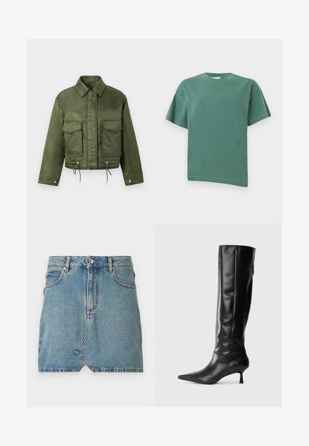 Olivenfarvet cropped jakke lavet af glat, blankt stof. Har to brystlommer, snørrelukning i kanten og klassisk krave.; Grøn, kortærmet t-shirt lavet af bomuld. Har en afslappet pasform med en let asymmetrisk kant og subtil "CLOSED" brodering på siden.; Lysblå denimnederdel med rå kant og skrå lomme foran, prydet med kontraststing og en enkelt knaplukning ved taljen.; Sorte læder knæhøje støvler med spids tå og slank buet hæl. Glat tekstur, tætsiddende design og ingen synlig hardware eller mønstre.