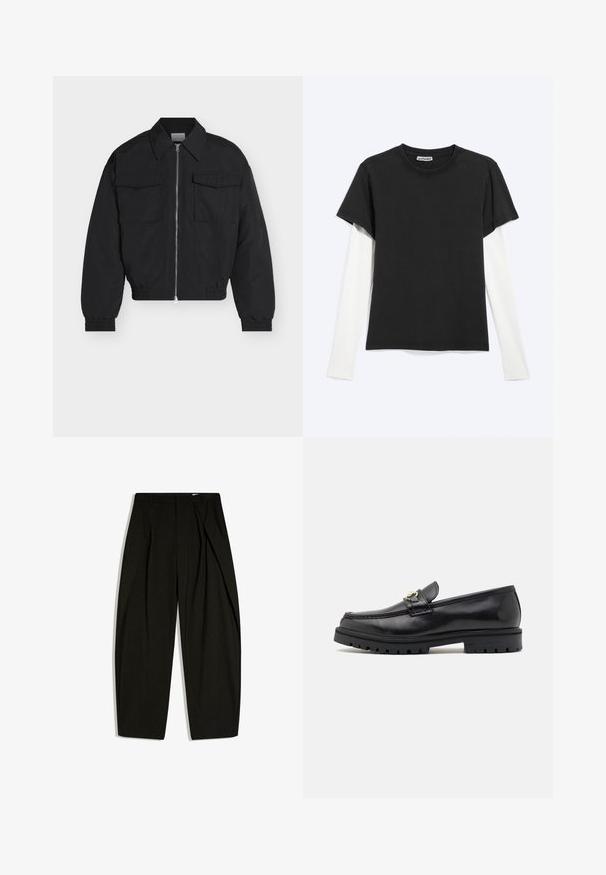Veste noire zippée avec deux poches avant à rabat, col pointu, poignets et ourlet élastiques, présentée sur un fond blanc.; T-shirt noir à manches courtes superposé à une chemise blanche à manches longues, vue en plat sur un fond gris clair avec l'étiquette WEEKDAY visible à l'intérieur du col.; Pantalon noir taille haute ajusté avec de fines rayures verticales et un pli avant, présenté à plat sur un fond blanc.; Mocassins en cuir noir avec une finition lisse, bout rond, une sangle décorative avec des accessoires en or, et une semelle noire robuste.