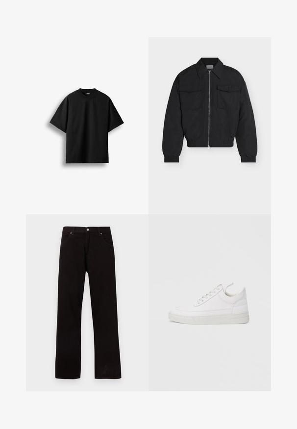 Sort jakke med lynlås, to forlommelommer med klap, spids krave, elastiske manchetter og elastisk kant, vist på en hvid baggrund.; Sort T-shirt med korte ærmer og rund hals, lagt fladt mod en hvid baggrund med en synlig lille nakkemærke.; Sorte jeans med lige ben, fem lommer og sølvfarvet knaplukning, lagt fladt på en hvid baggrund.; Hvid lædersneaker med rundet tå, flad sål og snørebånd foran. Har syningsdetaljer og polstret krave for komfort.