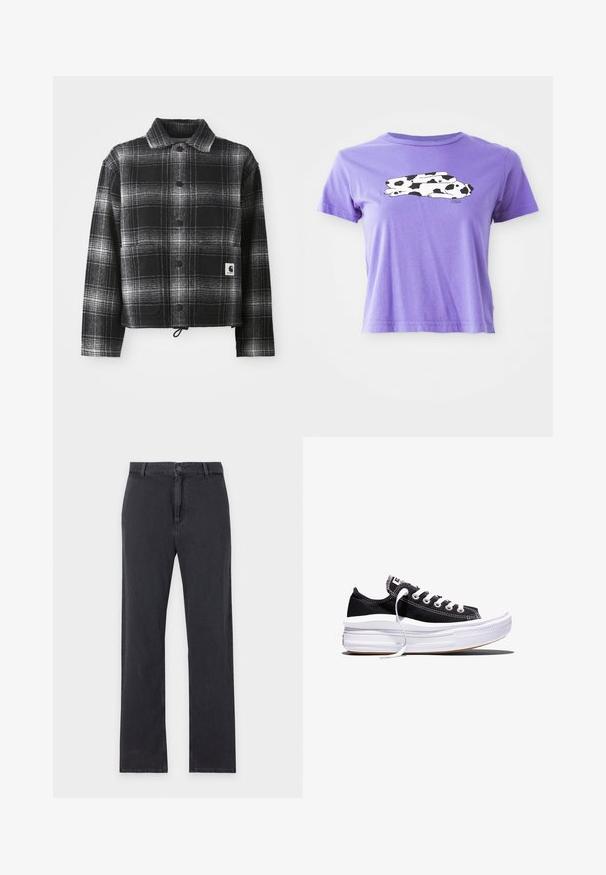 Veste en flanelle à carreaux noir et blanc avec un col, des boutons à l'avant et un ourlet ajustable avec cordon de serrage. Comprend une patch logo sur la poche.; T-shirt en coton violet avec un motif graphique de vache en noir et blanc. Manches courtes et coupe décontractée avec un col rond.; Jean noir à jambes droites avec fermeture par bouton et zip à l'avant, passants de ceinture et design classique à cinq poches, posé à plat sur fond blanc.; Baskets basses en toile noire avec des lacets blancs et une semelle épaisse en caoutchouc blanc multi-couches sur fond blanc.