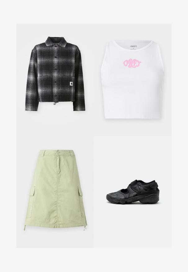 Zwart-wit geblokte flanellen jas met een kraag, knopen aan de voorkant en een verstelbare koordzoom. Inclusief een logopatch op de zak.; Witte geribde cropped top met een roze "OBEY" logo in het midden. Ontworpen met een ronde halslijn en zonder mouwen.; Lichtgroene katoenen knie-lange rok met twee zijcargo pockets, een knoopsluiting en een relaxte rechte pasvorm. Effen textuur.; Zwarte sportieve sandaal met gesloten neus, klittenbandriemen op de middenvoet en hiel, en een dikke gewatteerde zool met de tekst "AIR" aan de zijkant.