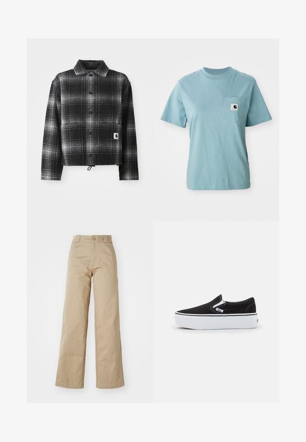 Veste en flanelle à carreaux noir et blanc avec un col, des boutons à l'avant et un ourlet ajustable avec cordon de serrage. Comprend une patch logo sur la poche.; T-shirt en coton léger bleu clair à manches courtes avec poche poitrine affichant un petit patch logo Carhartt noir et blanc.; Pantalons larges beiges en coton, avec fermeture à bouton et passants de ceinture, présentant une texture lisse et une finition soignée.; Chaussure slip-on noire en toile avec une semelle en caoutchouc blanc, dotée d'accents élastiques sur les côtés et de coutures contrastées. Logo de la marque visible sur le côté.