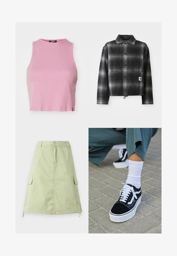Schwarz-weiße kariert Flanelljacke mit einem Kragen, Frontknöpfen und verstellbarem Zugbundsaum. Enthält ein Logopatch auf der Tasche.; Rosa gerippter Cropped-Top mit rundem Halsausschnitt und ärmellosem Design. Besitzt einen Saum, der knapp über der Taille endet.; Hellgrüner Baumwollrock in knielanger Länge mit zwei seitlichen Cargo-Taschen, einer Knopfverschluss und einer entspannten, geraden Passform. Einfache Textur.; Schwarze Wildledersneaker mit weißen Akzenten und Schnürsenkeln, ausgestattet mit einer dicken weißen Sohle und kontrastierenden Nähten, kombiniert mit einer weißen Socke.