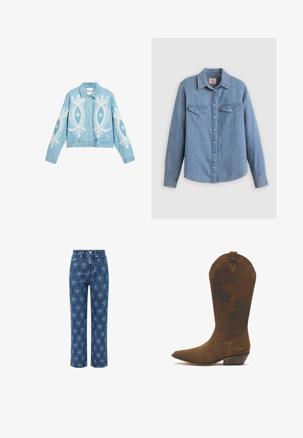 Lyseblå denimjakke med store hvide blomstermotiver, klassisk krave, lange ærmer og knaplukning med sidelommer.; Lyseblå denimskjorte med lange ærmer, knapper foran, to brystlommer og klassisk krave. Glat tekstur og afslappet pasform.; Mørkeblå denim jeans med blomstermønster, højtaljet, lige ben-design, der har guld-tone hardware og en subtil tekstur.; Brun ruskinds cowboystøvle med spids tå, lav stablet hæl, dekorativt sort drage- og hestemønster og nitte detaljer på den øverste kant.