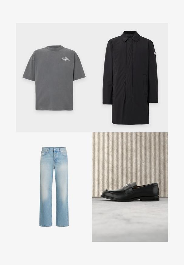 Schwarzer langer Mantel mit einem Kragenhals, zwei Seitentaschen und einem dezenten Logopatch am Ärmel, aus glattem, leichtem Stoff gefertigt.; Dunkelgraues T-Shirt mit kurzen Ärmeln und Rundhalsausschnitt mit kleinem weißen "ALLSAINTS"-Logo auf der oberen linken Brust.; Hellblaue Denim-Jeans mit geradem Bein, Waschungseffekten, fünf Taschen, Knopfverschluss und Gürtelschlaufen am Bund.; Schwarzer Lederloafer mit einer Metallmarkenplatte, der nahe einem braunen runden Tisch auf beigem Teppichboden ruht.