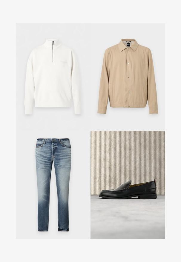 Veste légère beige à manches longues, boutons-pression sur le devant, poches latérales et col classique, suspendue sur un fond blanc.; Pull-over blanc à manches longues avec un col montant et une fermeture éclair partielle noire au centre devant.; Jean en denim bleu clair avec une coupe droite, léger effet délavé et usé, cinq poches et une fermeture sécurisée par bouton.; Mocassin pour homme en cuir noir avec un dessus embossé effet croco et un petit talon, présenté de profil sur un fond neutre.
