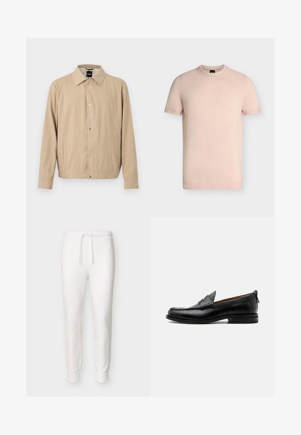 Veste légère beige à manches longues, boutons-pression sur le devant, poches latérales et col classique, suspendue sur un fond blanc.; T-shirt rose clair à manches courtes et col rond avec logo "BOSS" brodé sur la poitrine gauche.; Pantalon jogger blanc à coupe slim avec taille élastique et cordon de serrage, poignets côtelés aux chevilles, présenté sur un fond uni.; Mocassin homme en cuir noir avec couture moc toe, bride penny, col texturé et petit talon empilé sur fond blanc.