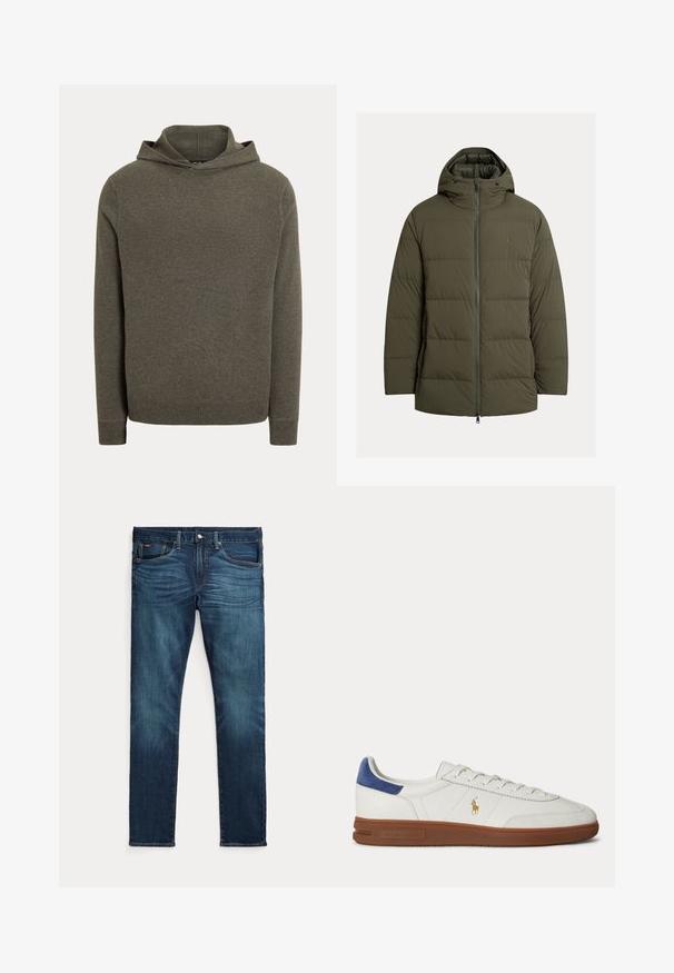 Veste isolante vert olive avec fermeture éclair sur le devant, design matelassé, capuche intégrée et poches latérales. Texture lisse et détail minimaliste de la marque.; Pull à capuche en maille vert olive foncé avec manches longues et poignets et ourlet côtelés.; Jean slim bleu foncé avec bouton et fermeture éclair à l'avant, cinq poches et une subtile décoloration sur l’avant des cuisses et des genoux.; Baskets basses blanches avec semelle marron, languette de talon bleue, lacets et logo Polo Ralph Lauren doré sur le côté.
