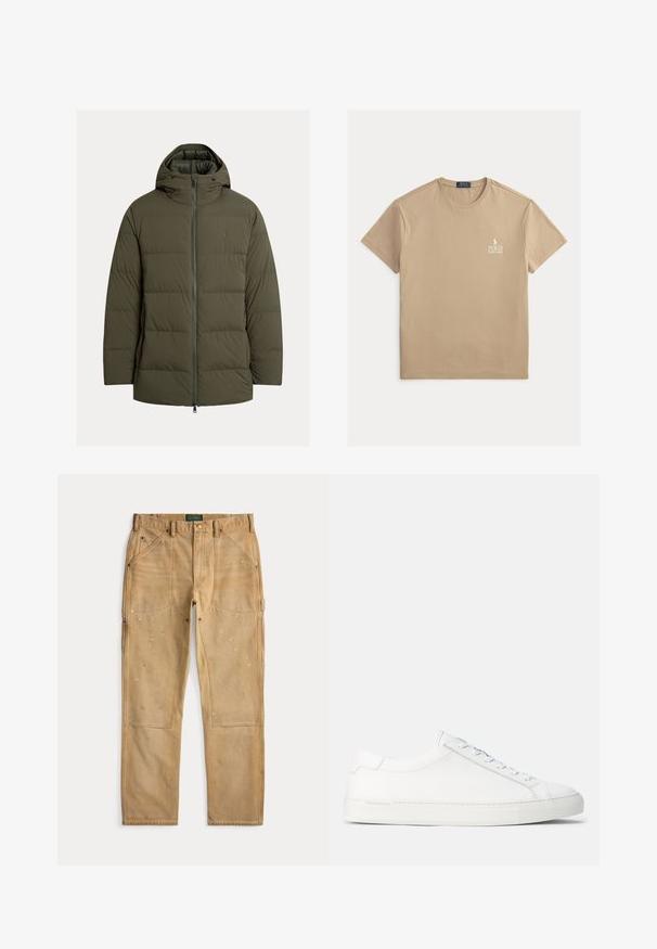 Olivengrøn isoleret jakke med lynlåslukning foran, polstret design, fast hætte og sidelommer. Glat tekstur og minimal brandingdetalje.; Beige t-shirt med korte ærmer og rund halsudskæring med lille hvid Polo Ralph Lauren-logo på venstre bryst.; Tan snedkerbukser med forstærkede knæ, flere lommer, bæltestropper og penselstavspletter, liggende fladt på en hvid baggrund.; Hvide lædersneakers med en glat overflade, rund form, flad gummisål og hvide snørebånd. Har et minimalistisk design og diskret branding.