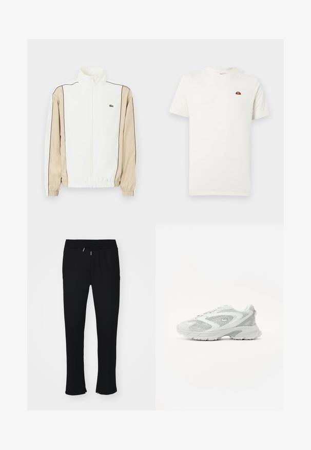 Witte zip-up jas met beige stof op de mouwen, zwarte bies en een klein groen logo op de borst. Voorzien van elastische manchetten en zoom.; Witte korte mouwen T-shirt met ronde hals en een klein rood-oranje logo op de linkerborst, tegen een effen achtergrond.; Zwarte joggerbroek van zacht materiaal, voorzien van een elastische tailleband met trekkoord, een split aan de onderkant en een subtiele patroonstructuur.; Witte sportschoen met gaasdetails, een textuurzool en gladde accenten. Voorzien van een ronde neus en een gewatteerde kraag voor comfort.