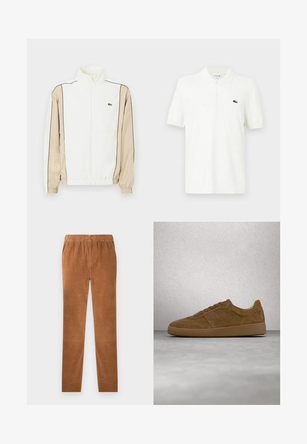 Chaqueta blanca con cremallera, con tejido beige en las mangas, ribetes negros y un pequeño logo verde en el pecho. Presenta puños y dobladillo elásticos.; Polo blanco hecho de una suave tela de algodón con un cuello clásico, una tapeta de tres botones y un pequeño logo de cocodrilo verde en el pecho.; Pantalones de pana marrón con cintura elástica, que cuentan con un cierre de botón. Diseño de pierna recta y tela suave y texturizada.; Zapatilla deportiva de ante marrón con cordones color beige y suela de goma. Presenta una puntera redondeada y detalles cosidos en la parte superior. Diseño ligero.