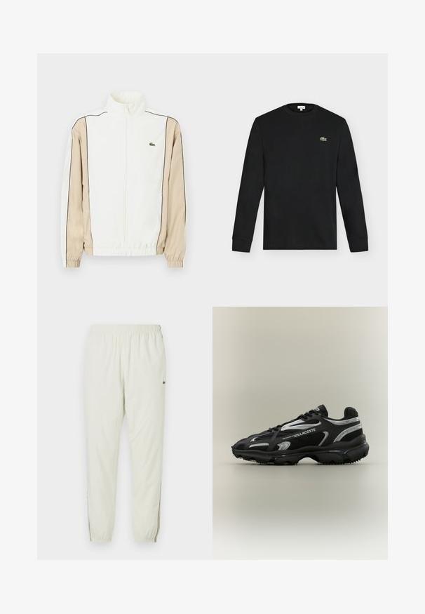 Witte zip-up jas met beige stof op de mouwen, zwarte bies en een klein groen logo op de borst. Voorzien van elastische manchetten en zoom.; Zwart shirt met lange mouwen en ronde hals met klein groen krokodillogo op de linkerborst, afgebeeld tegen een effen lichte achtergrond.; Creme kleurige lichte joggingsbroek met een elastische tailleband, cuffs bij de enkels, zijslitsen en een klein groen logo op de bovenbenen.; Zwarte en zilveren Lacoste-sneaker met een bovenwerk van mesh en synthetisch materiaal, ronde neus, gestructureerde zool en merkdetails aan de zijkant op een neutrale achtergrond.
