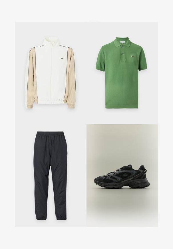 Witte zip-up jas met beige stof op de mouwen, zwarte bies en een klein groen logo op de borst. Voorzien van elastische manchetten en zoom.; Groen polohemd met korte mouwen, een kraag, twee knopen en een klein geborduurd krokodillenlogo op de borst.; Zwarte, lichtgewicht, waterbestendige jogger pants met een elastische tailleband en gathered cuffs; minimale details met een klein logo.; Zwarte sportieve schoen met meshpanelen, een gestructureerde zool, veters en een gebogen silhouet met zilveren accenten aan de zijkanten.