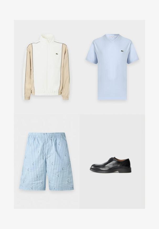 Veste blanche zippée avec un tissu beige sur les manches, un piping noir et un petit logo vert sur la poitrine. Comporte des poignets et un ourlet élastiques.; T-shirt bleu clair à col en V et manches courtes avec petit logo crocodile vert Lacoste sur le côté gauche de la poitrine.; Shorts pour hommes bleu clair avec fines rayures verticales noires et petites formes abstraites noires, dotés d'une ceinture élastique.; Chaussure de ville en cuir noir avec un bout arrondi, surface lisse, détails en dentelle et une semelle en caoutchouc texturée basse. Lignes épurées et design minimal.