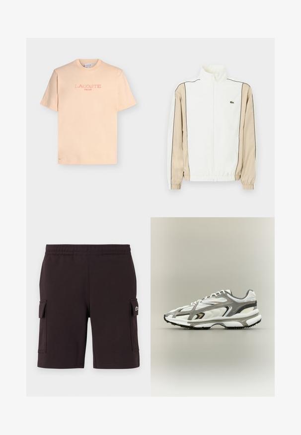 Veste blanche zippée avec un tissu beige sur les manches, un piping noir et un petit logo vert sur la poitrine. Comporte des poignets et un ourlet élastiques.; T-shirt à manches courtes couleur pêche clair avec «LACOSTE PARIS» imprimé en rose délavé sur le devant et un petit crocodile brodé près de l'ourlet.; Shorts cargo noirs avec ceinture élastique et poches à rabat des deux côtés, avec un petit logo sur le rabat de la poche droite.; Chaussure de sport avec une tige en mesh blanc, des accents gris, une semelle en caoutchouc noire et un design épuré. Elle présente des lacets et des détails texturés.