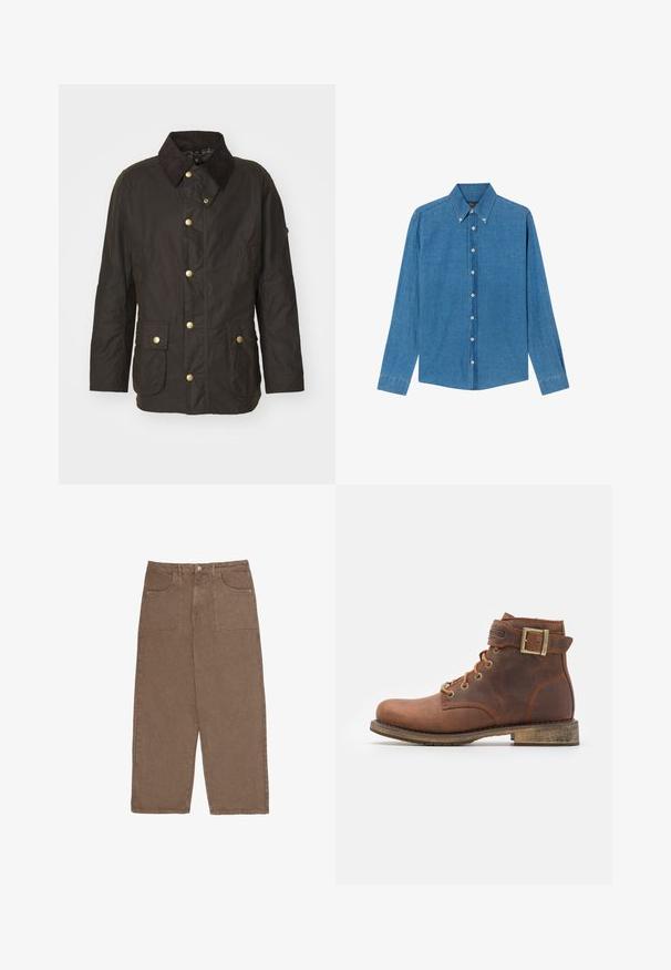Bruine gewaxte jas met een ribfluwelen kraag, gouden knopen, twee voorkiezen en een casual pasvorm. Soepele textuur met een licht glanzende afwerking.; Blauwe denim shirt met een button-down kraag, lange mouwen en knopen aan de voorkant. De stof heeft een gestructureerde afwerking met een klassieke snit.; Bruine wijde pijpenbroek van katoen, met twee voorkruiken en een knoopsluiting. De stof heeft een zachte textuur en een matte afwerking.; Harley Davidson VNTGMOTO SHORT RIDING APPROVED - Cowboy-/Bikerlaarsjes - brown