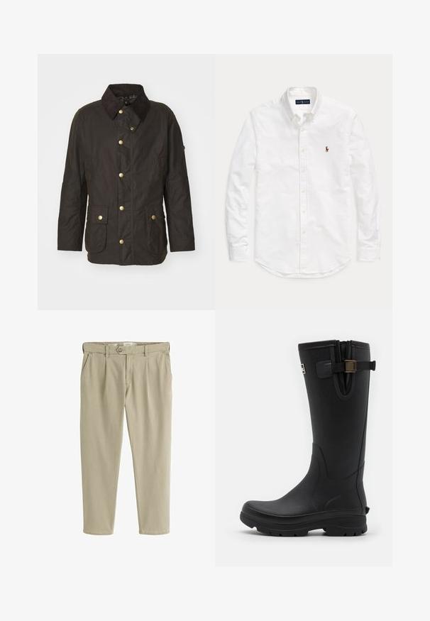 Bruine gewaxte jas met een ribfluwelen kraag, gouden knopen, twee voorkiezen en een casual pasvorm. Soepele textuur met een licht glanzende afwerking.; Witte blouse met lange mouwen, knopen en kraag, met klein geborduurd logo op de linkerborst, plat gelegd op een effen achtergrond.; Beige rechte casual broek met een knoop- en ritssluiting aan de voorkant, riemlussen en zijzakken.; Barbour TEMPEST TALL WELLY - Regenlaarzen - black