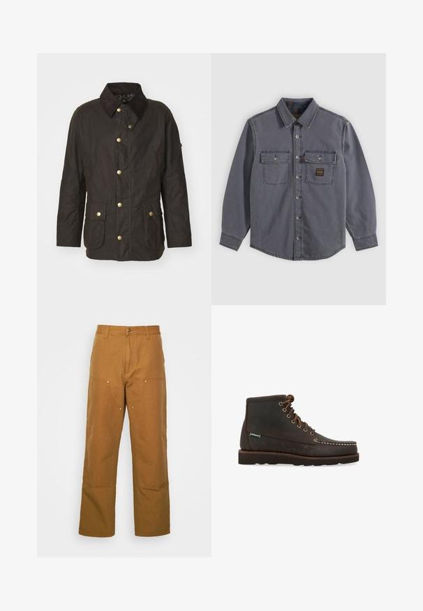Veste cirée marron avec un col en velours côtelé, des boutons dorés, deux poches frontales et une coupe décontractée. Texture lisse avec une finition légèrement brillante.; Chemise gris foncé à manches longues avec boutons, col, deux poches poitrine à rabat avec boutons, et un petit patch rectangulaire sur la poche droite.; Pantalons utilitaires en coton marron avec une coupe droite, dotés de poches avant et d'accents en métal pour une durabilité accrue.; Sebago Bottines à lacets - marrone