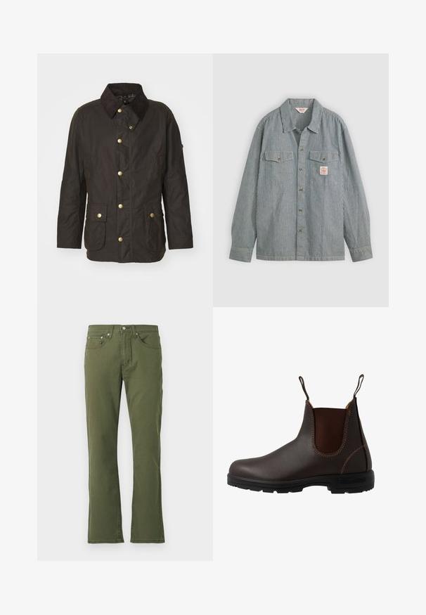 Veste cirée marron avec un col en velours côtelé, des boutons dorés, deux poches frontales et une coupe décontractée. Texture lisse avec une finition légèrement brillante.; Chemise à boutons rayée en bleu et blanc, dotée d'un col, de deux poches poitrine et d'une petite étiquette. Fabriquée en tissu léger.; Jean évasé vert olive en coton avec une texture lisse ; comporte cinq poches, une fermeture à bouton et des détails de couture subtils.; Botte Chelsea en cuir marron avec panneau latéral élastique, coutures marron, languettes de tirage, et une semelle en caoutchouc durable avec un motif texturé.