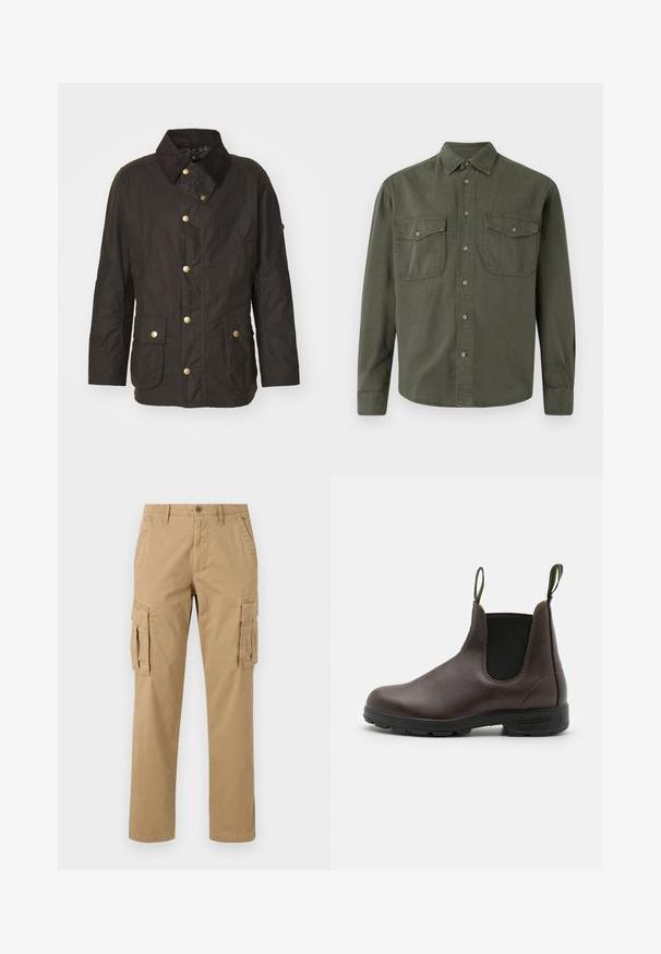 Veste cirée marron avec un col en velours côtelé, des boutons dorés, deux poches frontales et une coupe décontractée. Texture lisse avec une finition légèrement brillante.; Chemise à manches longues kaki en coton. Elle présente un devant à boutons, deux poches poitrine avec rabats et un col classique. Design simple.; Pantalons cargo beiges avec deux poches latérales, une fermeture par bouton, un design droit et un tissu doux et texturé.; Bottine Chelsea en cuir marron avec des panneaux élastiques sur les côtés, des anses en haut et une semelle en caoutchouc durable, présentant une finition lisse.