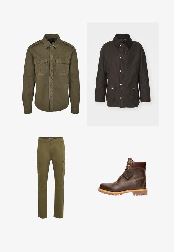 Bruine gewaxte jas met een ribfluwelen kraag, gouden knopen, twee voorkiezen en een casual pasvorm. Soepele textuur met een licht glanzende afwerking.; Olijf groene button-up shirt van katoen. Heeft een kraag, twee borstzakken met kleppen en gestructureerde schouders met zichtbare stiksels.; Groene cargobroek met een rechte pasvorm, voorzien van twee zijzakken, een knoopsluiting en gestikte details op het oppervlakte van de stof.; Bruine leren enkelboot met een ronde neus, stevige zool, hardware in goudkleur en een gestructureerde bovenkant. Inclusief een merklabel dat is bevestigd.