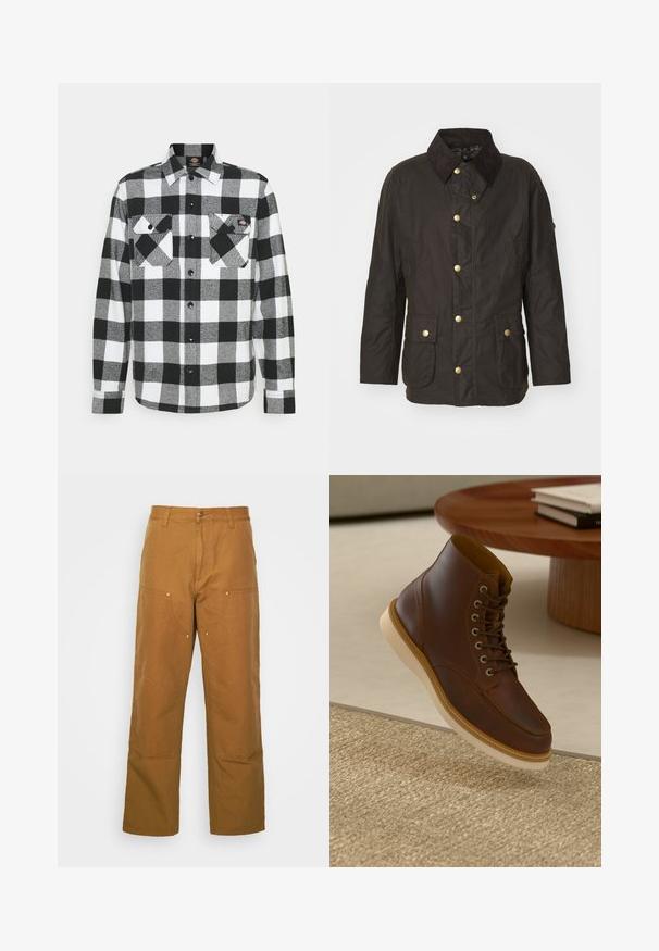 Veste cirée marron avec un col en velours côtelé, des boutons dorés, deux poches frontales et une coupe décontractée. Texture lisse avec une finition légèrement brillante.; Chemise en flanelle noir et blanc avec un motif à carreaux, présentant deux poches poitrine, un devant boutonné et un col. Tissu doux et texturé.; Pantalons utilitaires en coton marron avec une coupe droite, dotés de poches avant et d'accents en métal pour une durabilité accrue.; Bottine en cuir marron avec semelle beige sur un tapis beige texturé à côté d'une table ronde en bois avec des livres empilés.