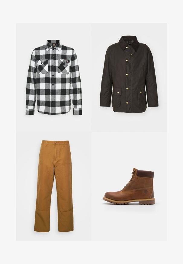 Veste cirée marron avec un col en velours côtelé, des boutons dorés, deux poches frontales et une coupe décontractée. Texture lisse avec une finition légèrement brillante.; Chemise en flanelle noir et blanc avec un motif à carreaux, présentant deux poches poitrine, un devant boutonné et un col. Tissu doux et texturé.; Pantalons utilitaires en coton marron avec une coupe droite, dotés de poches avant et d'accents en métal pour une durabilité accrue.; Botte de randonnée en cuir marron avec une finition lisse, cheville rembourrée, œillets en métal et semelle en caoutchouc dotée d'un motif de crampons robuste.