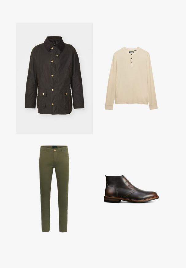 Bruine gewaxte jas met een ribfluwelen kraag, gouden knopen, twee voorkiezen en een casual pasvorm. Soepele textuur met een licht glanzende afwerking.; Beige henley shirt met lange mouwen, drie donkere knopen op de knoopsluiting en een ronde halslijn.; Olijfgroene broek van zachte katoenmix, met een sluiting met knoop aan de voorkant, riemlussen en een slim fit ontwerp.; Donkerbruin leren enkelboot met twee veterogen, ronde neus, gestapelde hak en gestikte details op een witte achtergrond.
